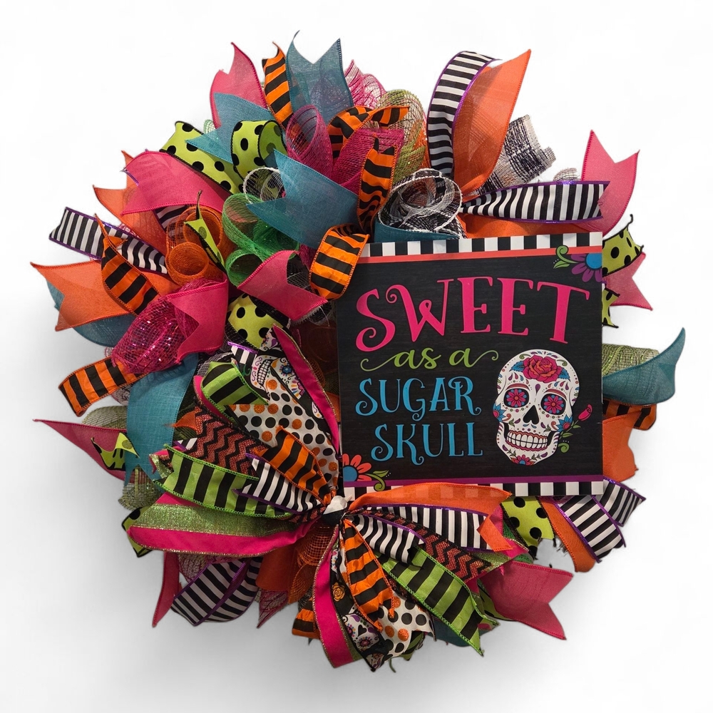 Colorful Halloween Wreath with Sugar Skull Design